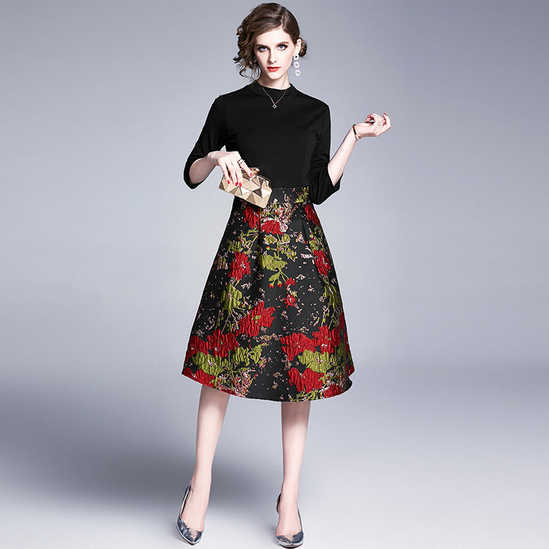 Ladies' New Jacquard Stitching Large Swing Dress