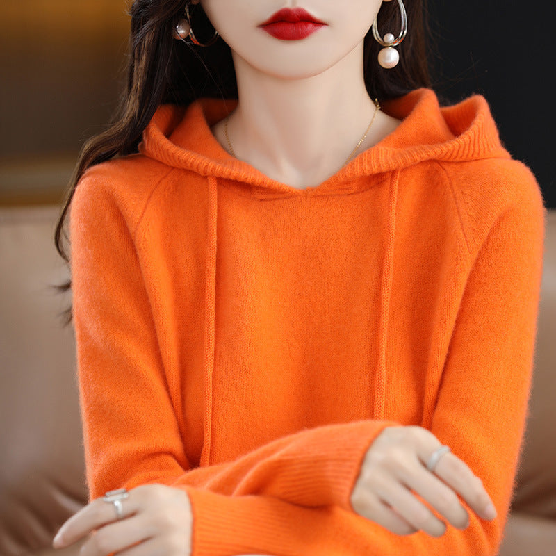 Loose Drawstring Casual Pullover Solid Color Outerwear Hooded Knitted Hoodie