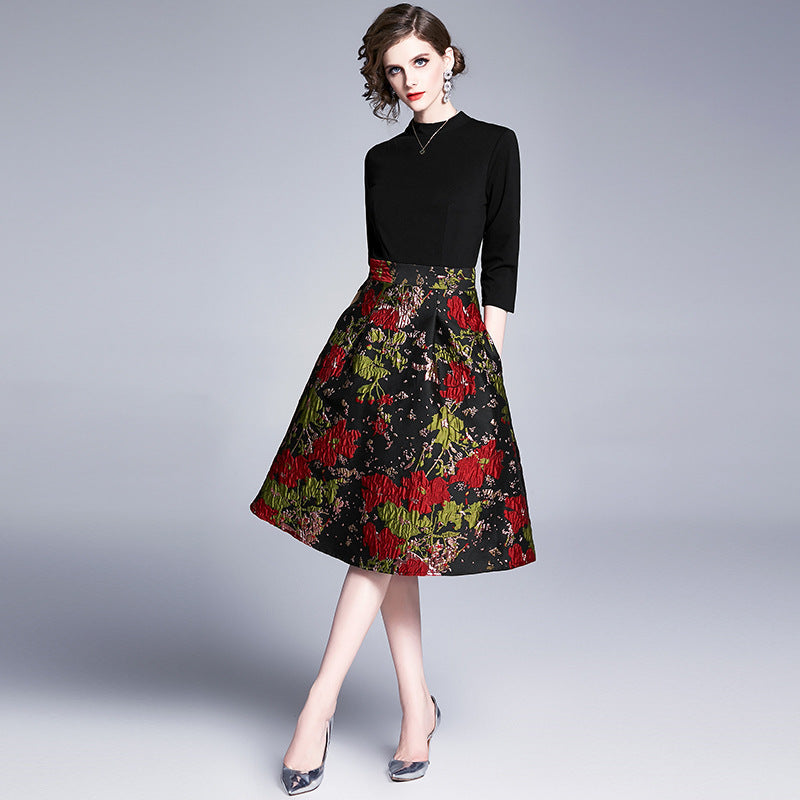 Ladies' New Jacquard Stitching Large Swing Dress