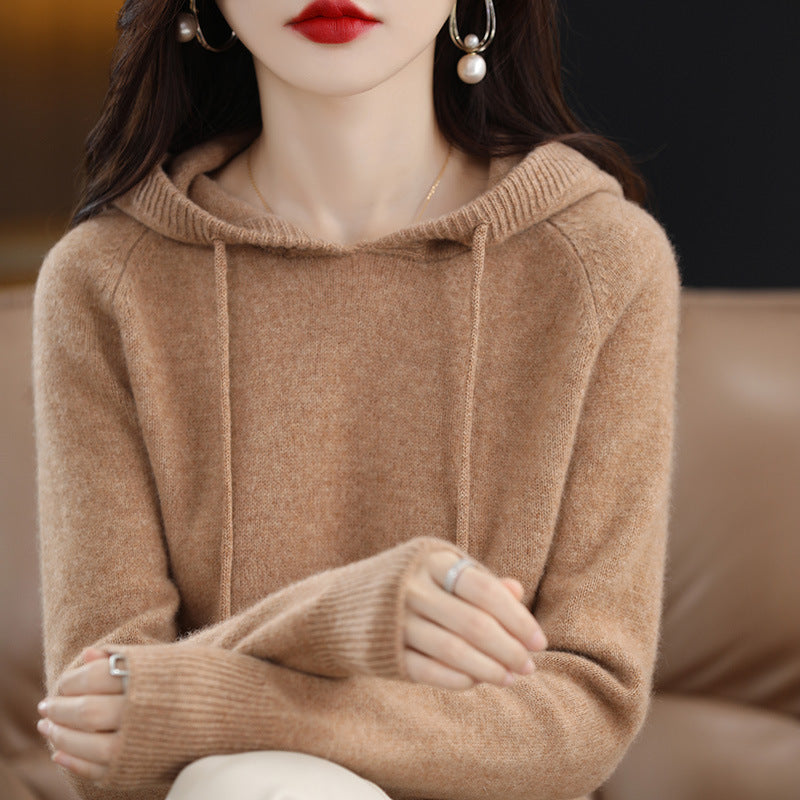 Loose Drawstring Casual Pullover Solid Color Outerwear Hooded Knitted Hoodie