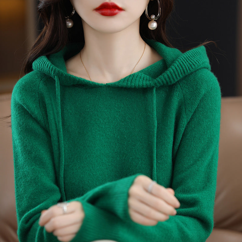 Loose Drawstring Casual Pullover Solid Color Outerwear Hooded Knitted Hoodie
