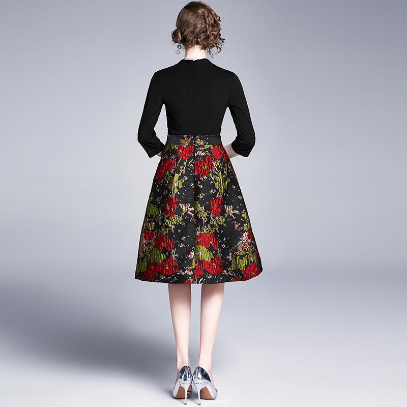 Ladies' New Jacquard Stitching Large Swing Dress