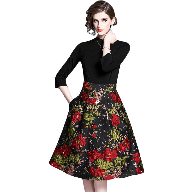 Ladies' New Jacquard Stitching Large Swing Dress