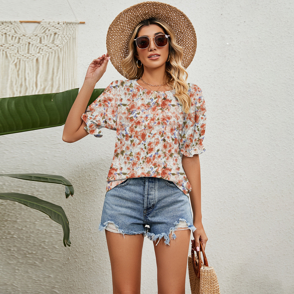 Floral Top Women's Loose All-match Round Neck Pullover T-shirt