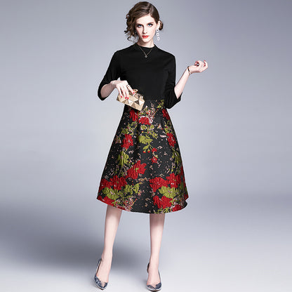 Ladies' New Jacquard Stitching Large Swing Dress