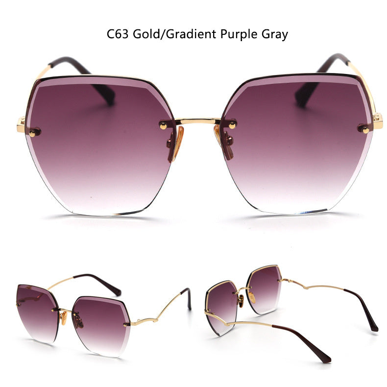 Rimless Crystal Trimmed Polygonal Glasses Anti-UV Sunglasses