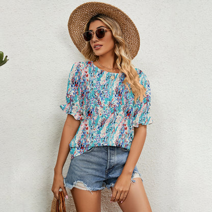Floral Top Women's Loose All-match Round Neck Pullover T-shirt