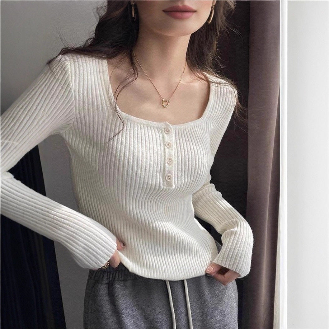 Inner Square Collar White Design Long Sleeve Knitted Sweater