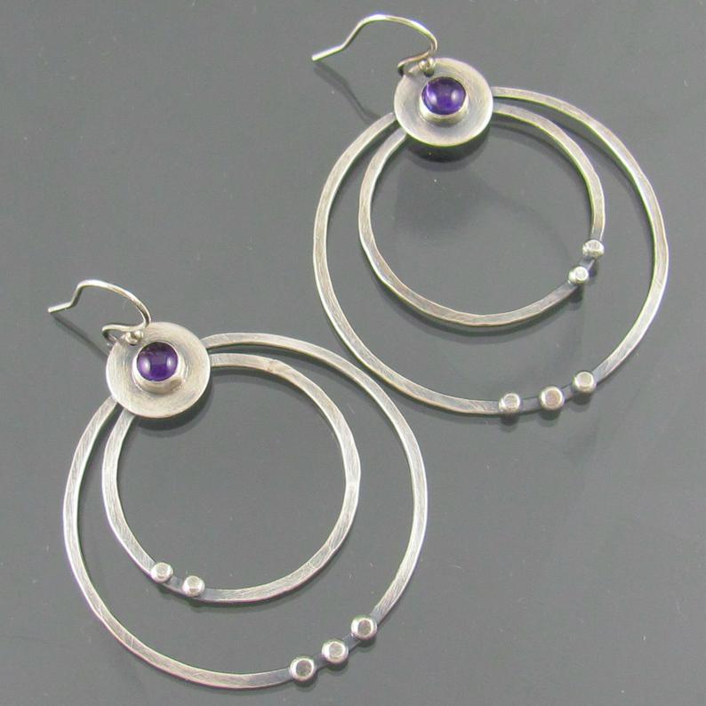 Amethyst Double Layer Big Circle Earrings European And American Plated Antique