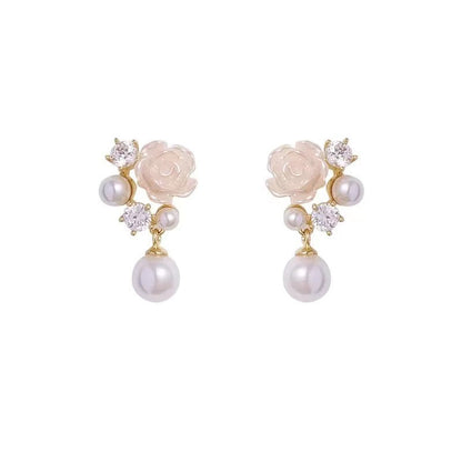 Camellia Pearl Zircon Small Eardrops Earrings Fashion