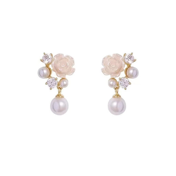 Camellia Pearl Zircon Small Eardrops Earrings Fashion