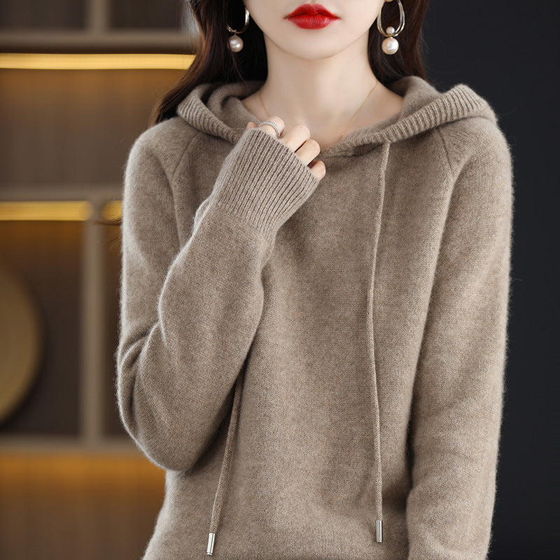 Loose Drawstring Casual Pullover Solid Color Outerwear Hooded Knitted Hoodie