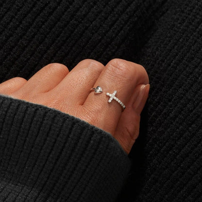 European And American Love Cross Women's Inlaid Zircon Heart-shaped Open Ring