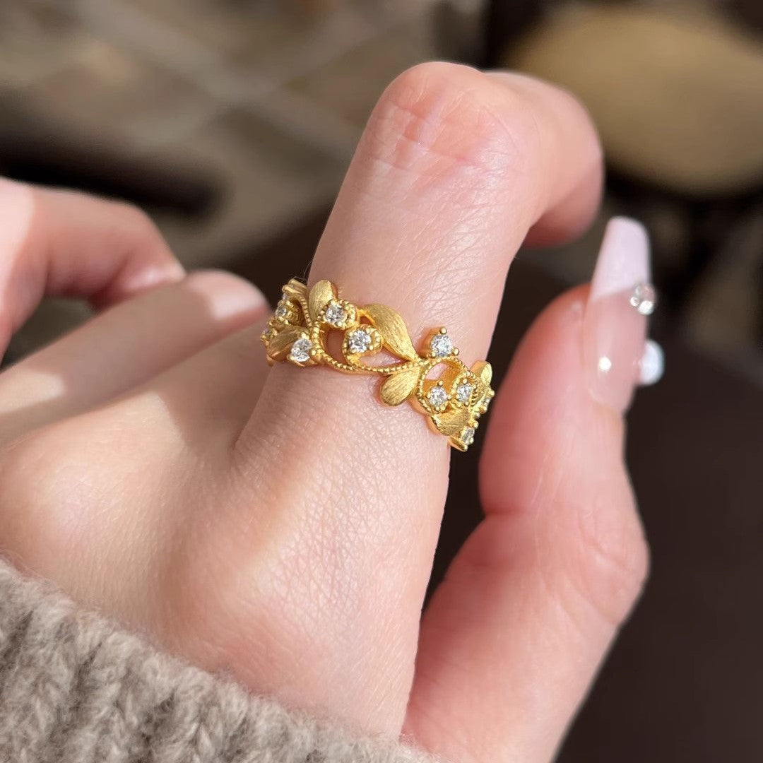 Fashion New Chinese Style Flower Branch Leaf Golden Ring