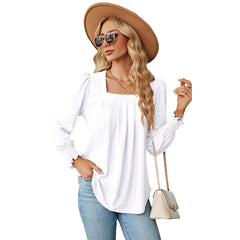 New Jacquard Pleated Square Neck T-shirt Fashion Solid Color Long Sleeve Pullover Tops Womens Clothing