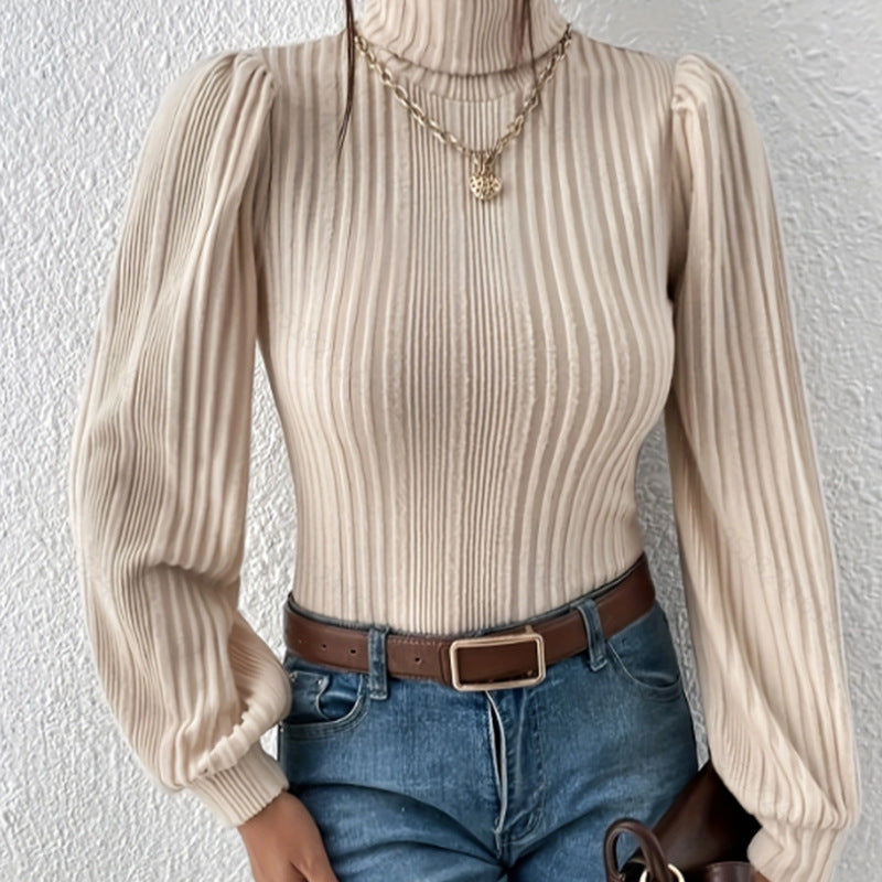 Autumn New Brushed Sunken Stripe Turtleneck Long Sleeve T-shirt