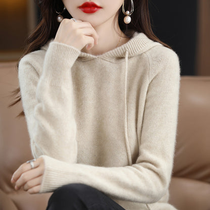 Loose Drawstring Casual Pullover Solid Color Outerwear Hooded Knitted Hoodie