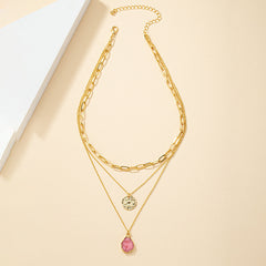 Three-layer Crystal Bud Round Plate Pendant Necklace