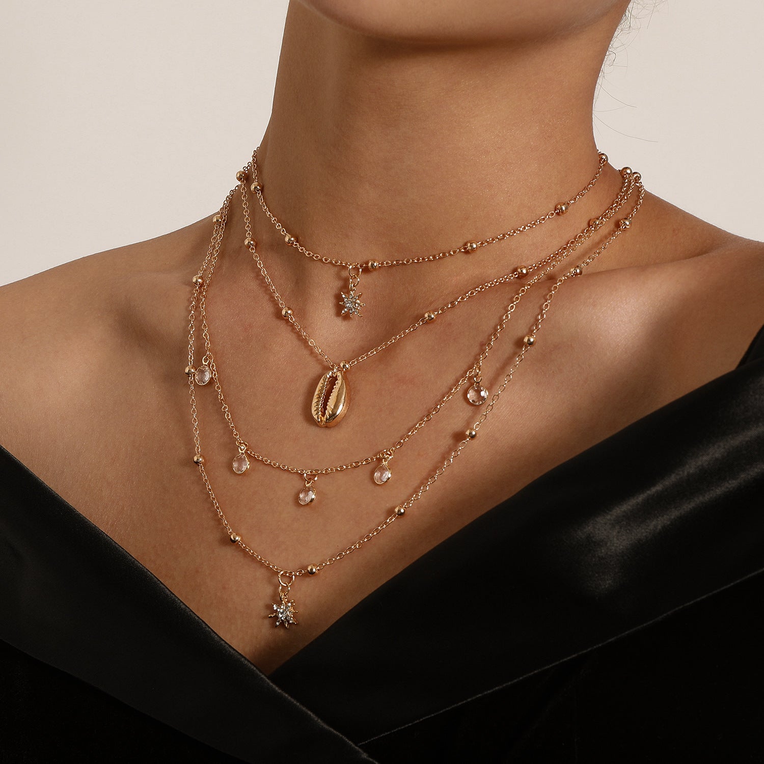 Women's Diamond Six-pointed Star Pendant Necklace Multi-layer