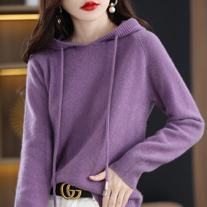 Loose Drawstring Casual Pullover Solid Color Outerwear Hooded Knitted Hoodie