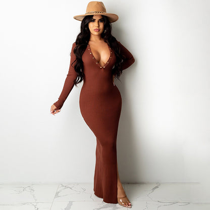 Lapel Backless Long Sleeves Slit Midi Skirt