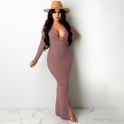 Lapel Backless Long Sleeves Slit Midi Skirt