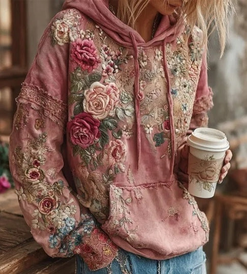 Vintage Hooded Jacket Versatile Lace-up Printed Sweatshirt