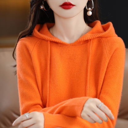 Loose Drawstring Casual Pullover Solid Color Outerwear Hooded Knitted Hoodie