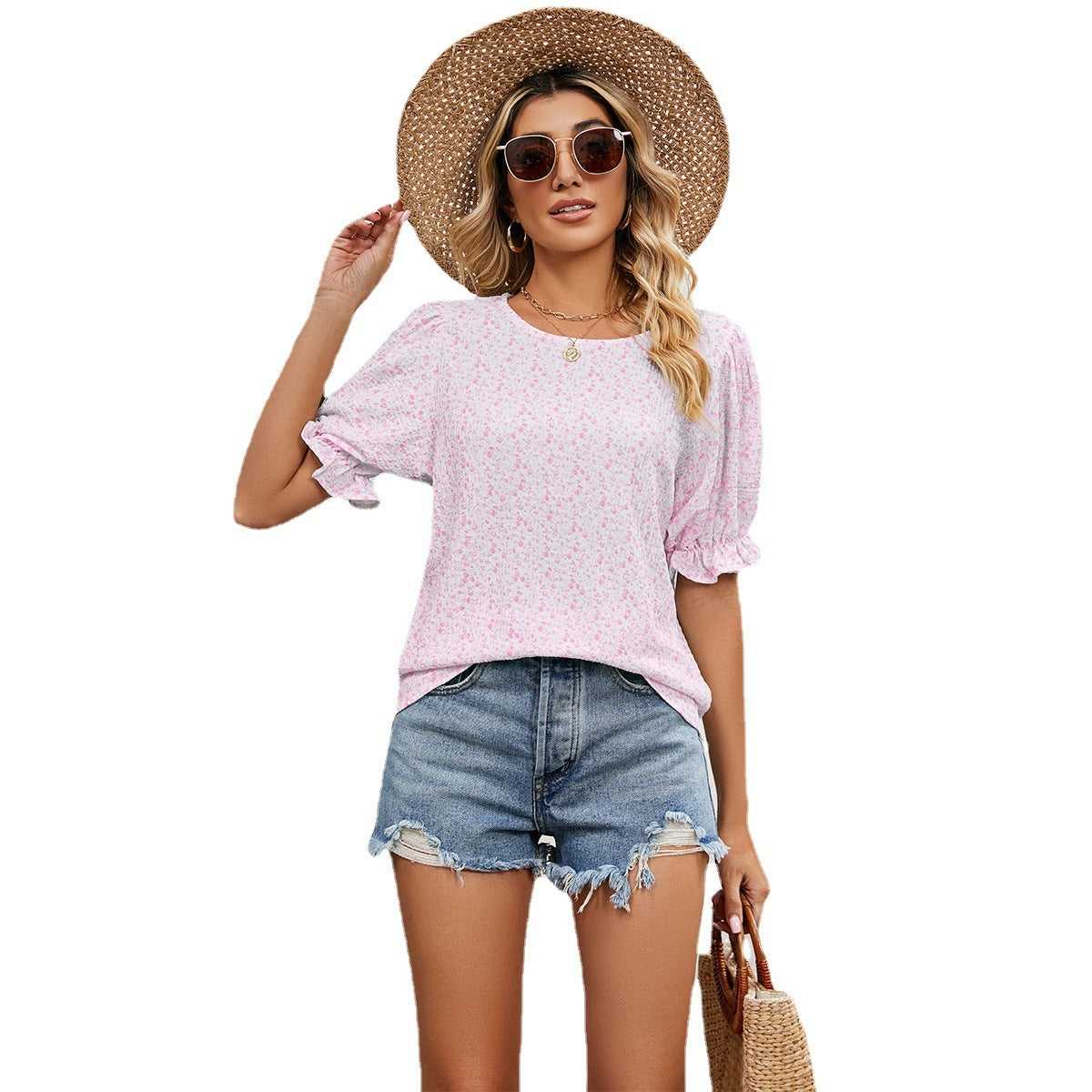 Floral Top Women's Loose All-match Round Neck Pullover T-shirt
