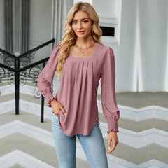 New Jacquard Pleated Square Neck T-shirt Fashion Solid Color Long Sleeve Pullover Tops Womens Clothing