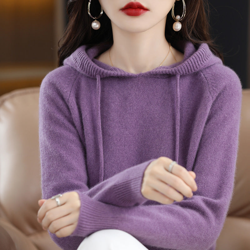 Loose Drawstring Casual Pullover Solid Color Outerwear Hooded Knitted Hoodie