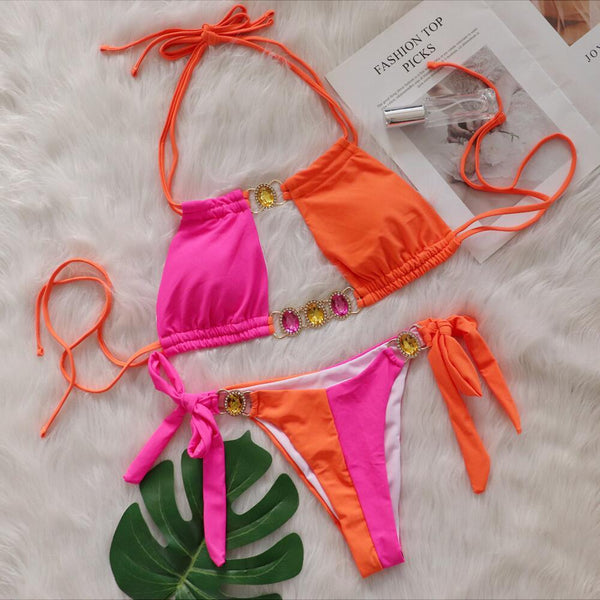 New Crystal Diamond Bikini European And American Patchwork Bandage Split Swimsuit