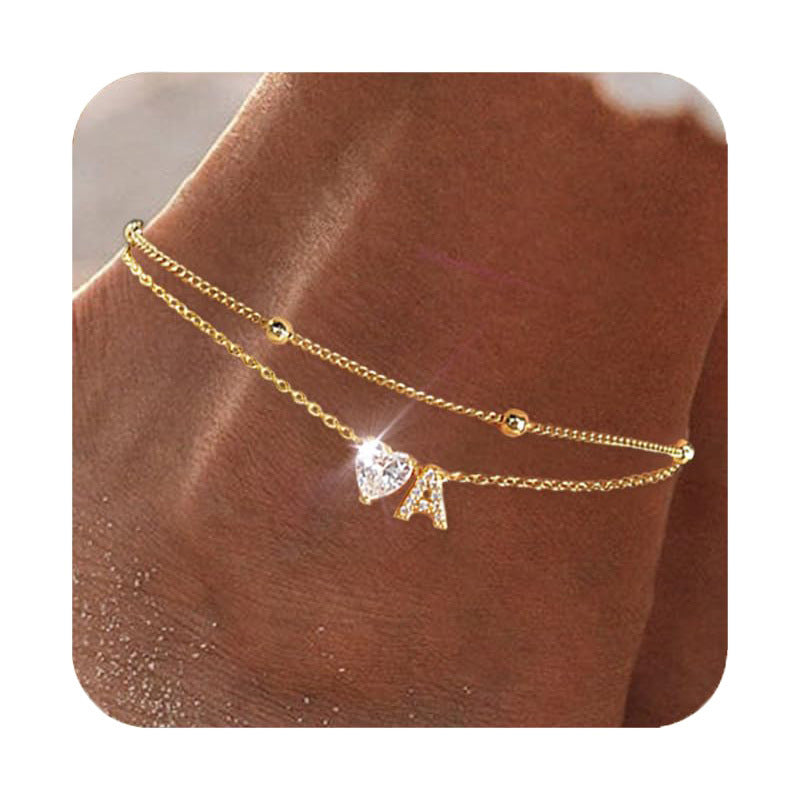 26 Letters Loving Heart Zircon Inlaid Layered Anklet