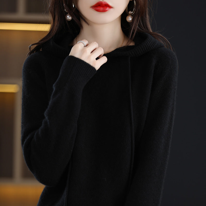 Loose Drawstring Casual Pullover Solid Color Outerwear Hooded Knitted Hoodie