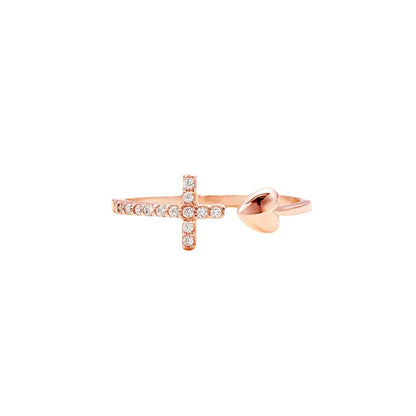 European And American Love Cross Women's Inlaid Zircon Heart-shaped Open Ring