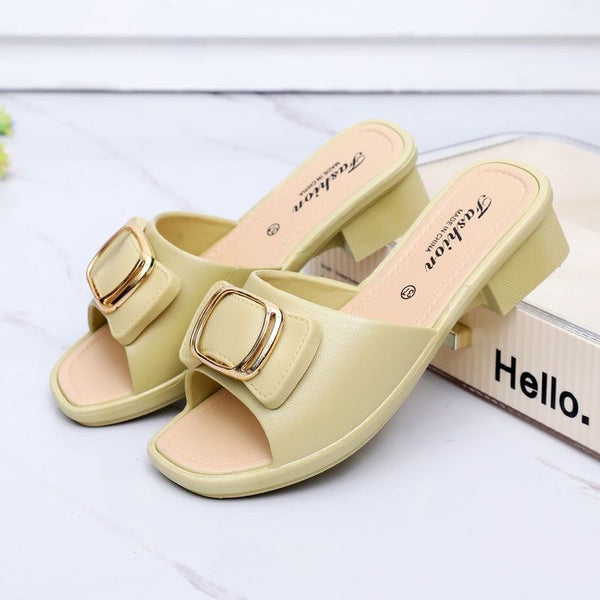 High Heel Slippers Women's 2024 Summer Slippers Korean Style Internet Celebrity Buckle Chunky Heel Lady Mom Slippers Outdoor Beach Shoes