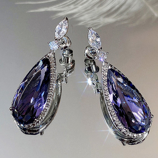 Micro-inlaid Purple Zircon Long Women Bridal Earrings