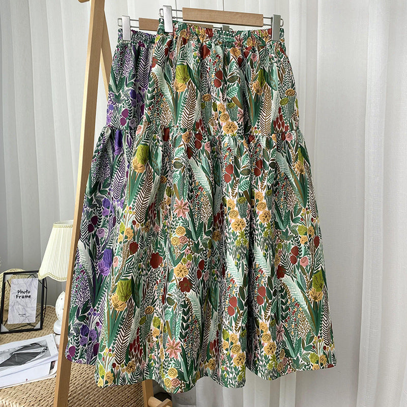 Vintage jacquard pleated puffy skirt with high waist and large hem