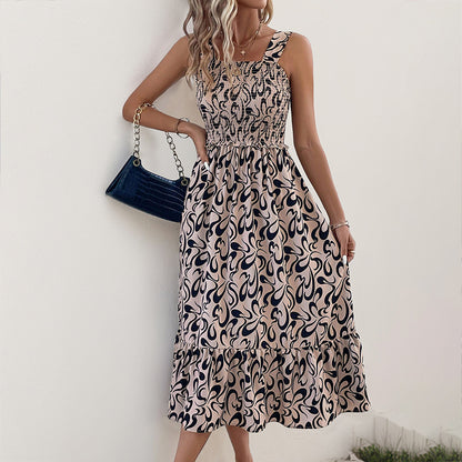 Fashion Suspenders Geometric Printing Dress