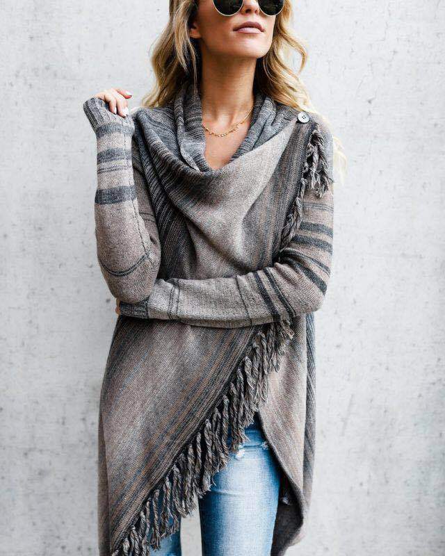 Long Slim Fit Fashion Tassel Stripe Coat Sweater