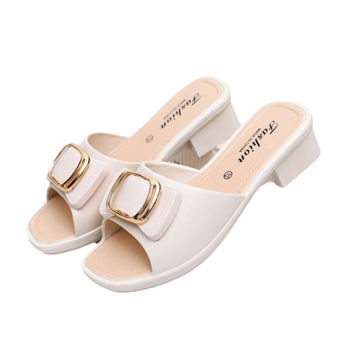 High Heel Slippers Women's 2024 Summer Slippers Korean Style Internet Celebrity Buckle Chunky Heel Lady Mom Slippers Outdoor Beach Shoes