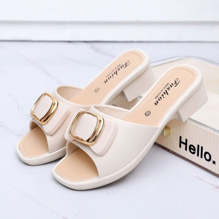 High Heel Slippers Women's 2024 Summer Slippers Korean Style Internet Celebrity Buckle Chunky Heel Lady Mom Slippers Outdoor Beach Shoes