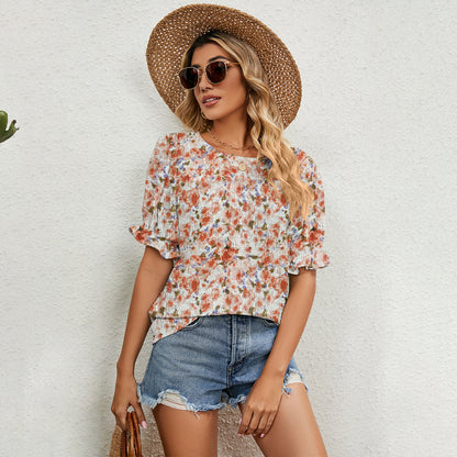 Floral Top Women's Loose All-match Round Neck Pullover T-shirt