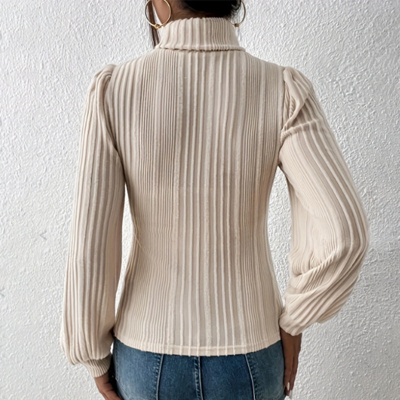 Autumn New Brushed Sunken Stripe Turtleneck Long Sleeve T-shirt