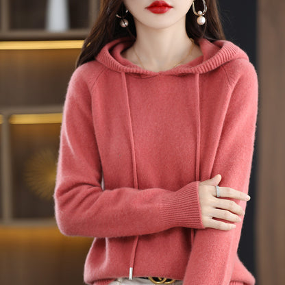 Loose Drawstring Casual Pullover Solid Color Outerwear Hooded Knitted Hoodie