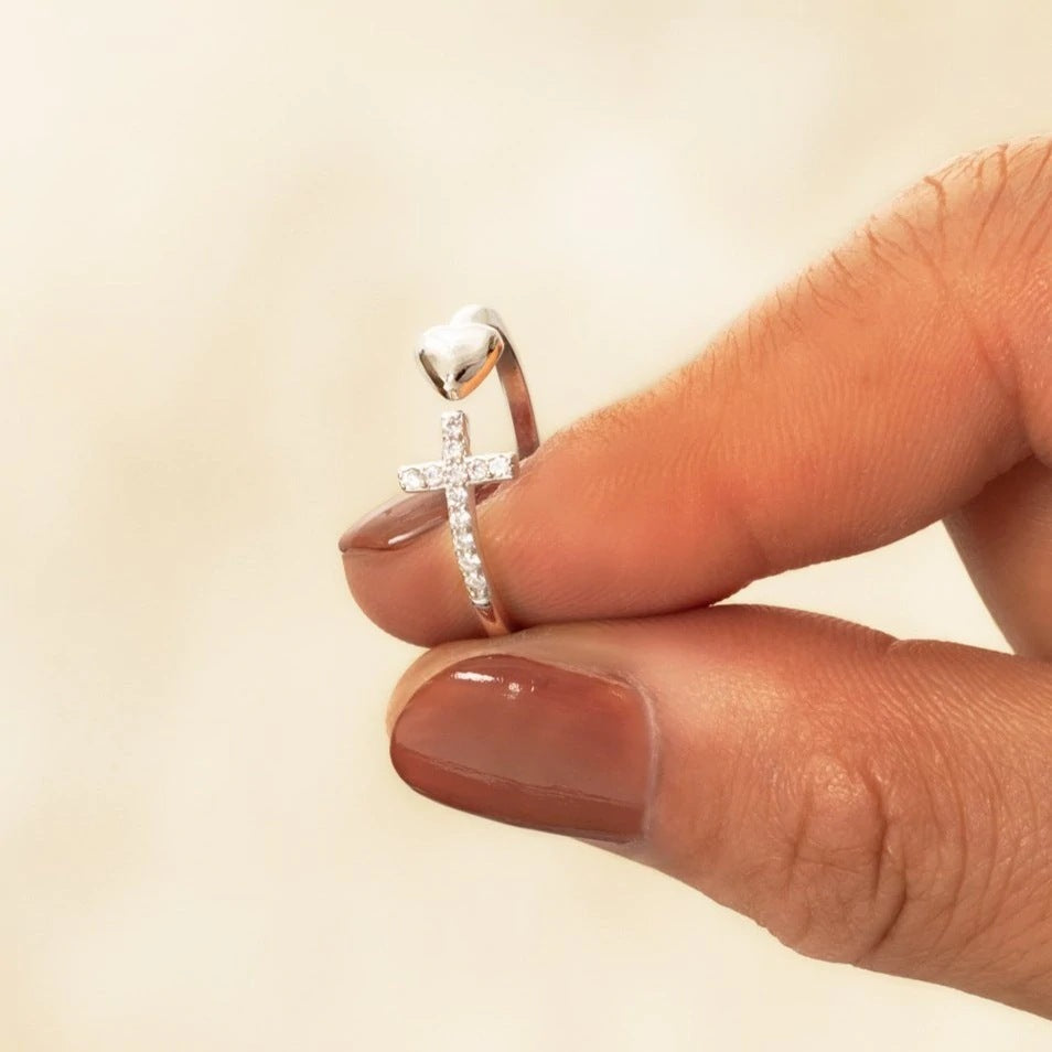 European And American Love Cross Women's Inlaid Zircon Heart-shaped Open Ring