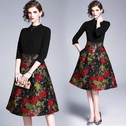 Ladies' New Jacquard Stitching Large Swing Dress