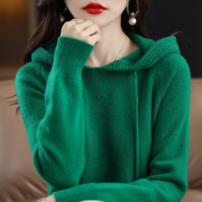 Loose Drawstring Casual Pullover Solid Color Outerwear Hooded Knitted Hoodie