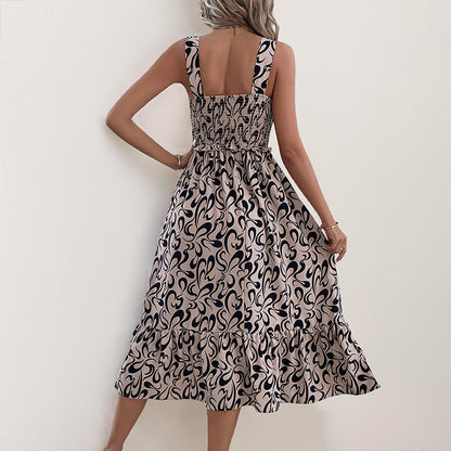 Fashion Suspenders Geometric Printing Dress