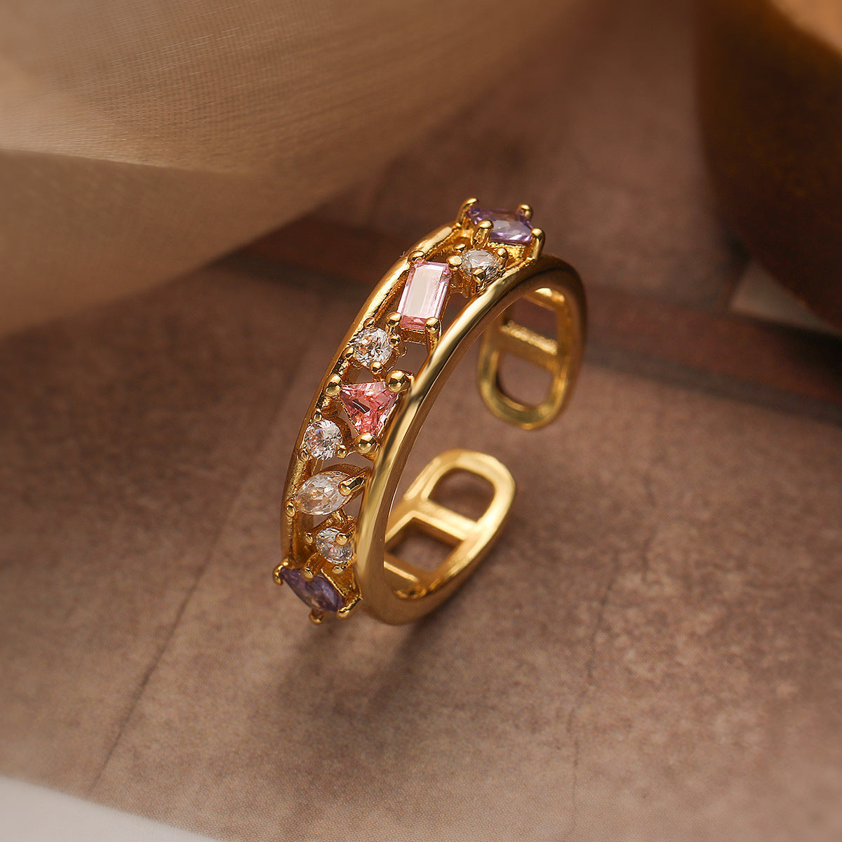 European And American Special Interest Light Luxury Copper Plating 18K Gold Zircon Pearl Geometric Adjustable Ring For Women